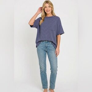 Zenana Raised Navy Rib Short Sleeve Front Pocket Top🆕